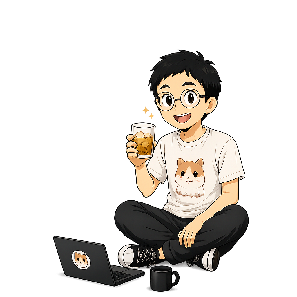 ウイスキーグラスを持って座る開発者のイラスト。ノートPCにはハムスターのステッカー